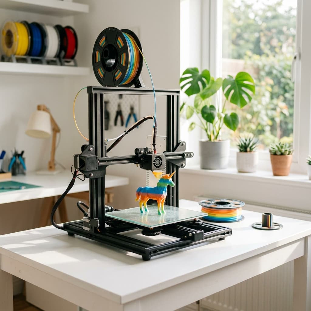 3D Printer in action printing blue plastic prototype