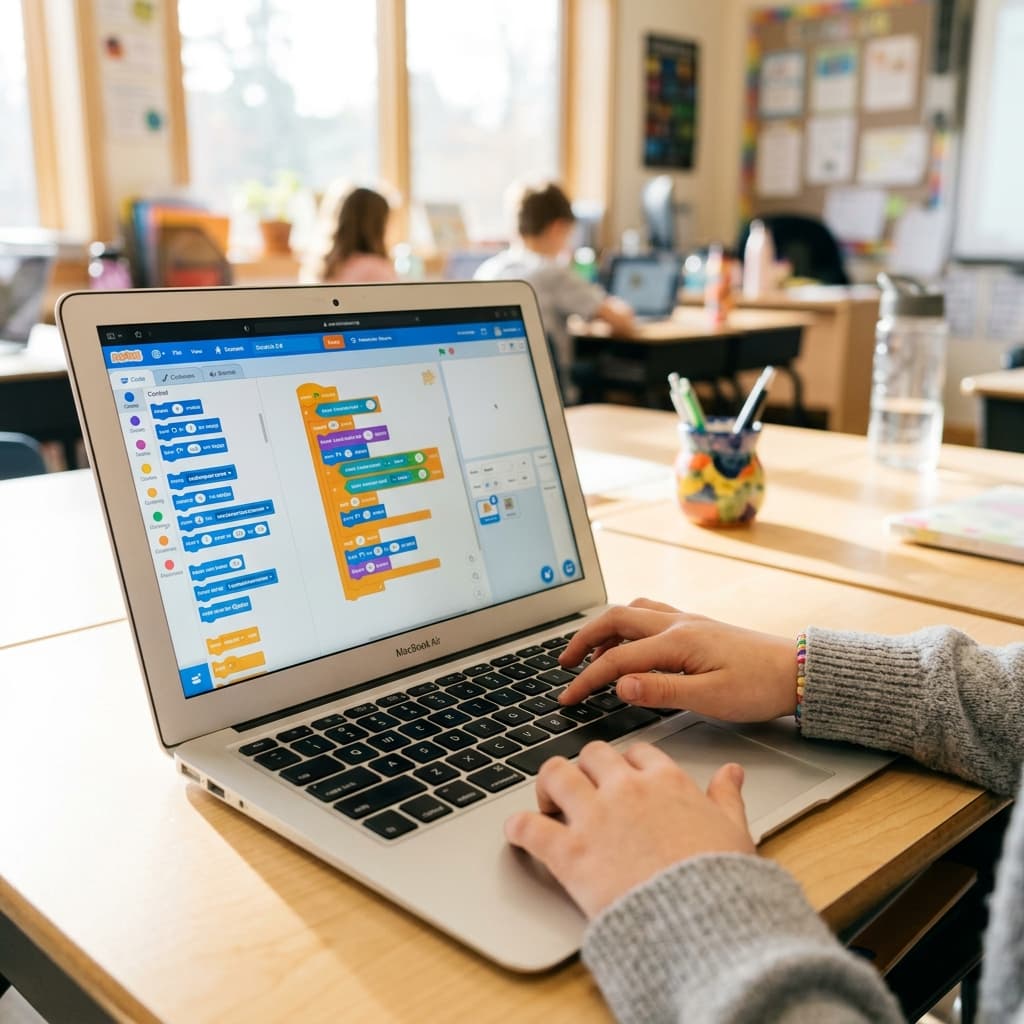 Kids learning computer programming in a group